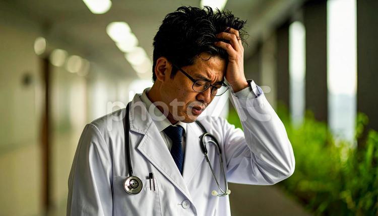 頭をぐしゃぐしゃにして悩む日本人男性医師 クリニック,ジェスチャー,ドクターの写真素材