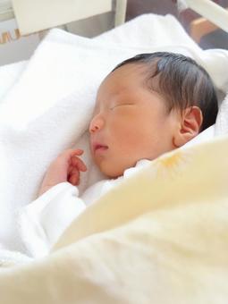 ベビーコットの中でぐっすり眠るあかちゃん 赤ちゃん,生まれたて,眠るの写真素材