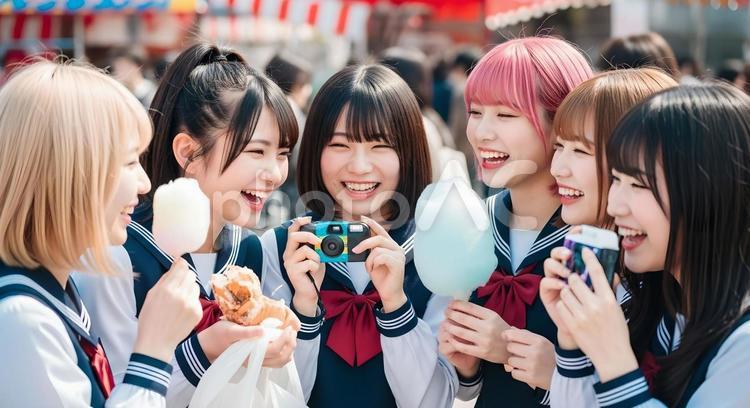 お祭りを楽しむ笑顔の女子高校生たち 女子高生,学校帰り,お祭りの写真素材