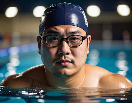 プールに浸かる男性の写真