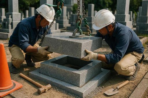 墓石を設置する作業員 墓石を設置する作業員の写真