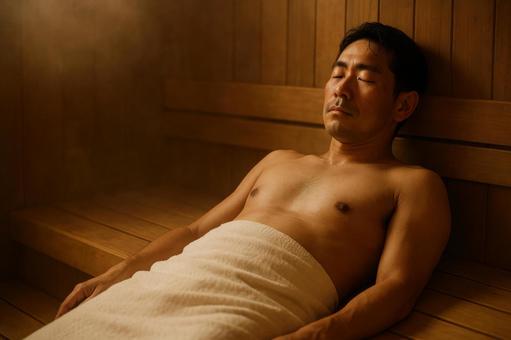 サウナ室で横になる男性 サウナ室で横になる男性の写真