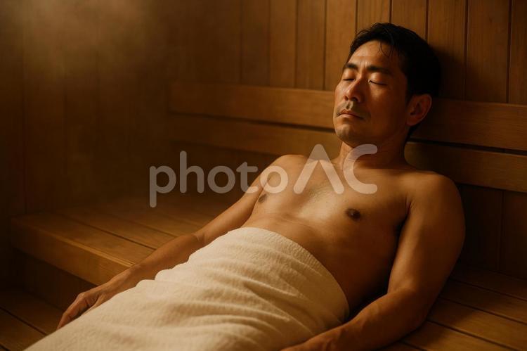 サウナ室で横になる男性 サウナ,男性,横たわるの写真素材