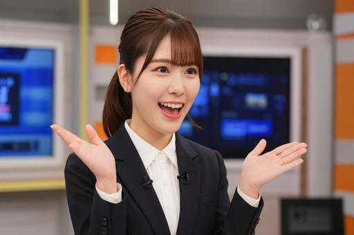 スタジオで驚きのリアクションを見せる女性 スタジオで驚きのリアクションを見せる女性の写真