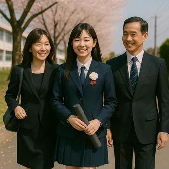 卒業式後、両親と思い出を語りながら帰路にの写真