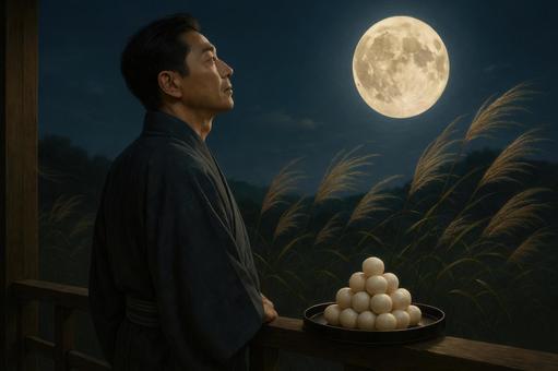 秋風に吹かれながら月を眺める男性 秋風に吹かれながら月を眺める男性の写真