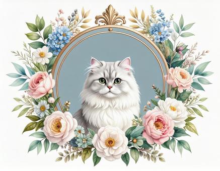 ペルシャ猫と花のフレームの写真