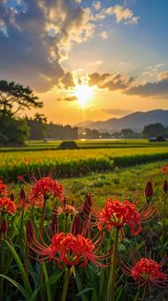 夕日の中の彼岸花の花畑 夕日の中の彼岸花の花畑の写真