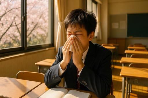 春の教室のくしゃみ男子 春の教室のくしゃみ男子の写真