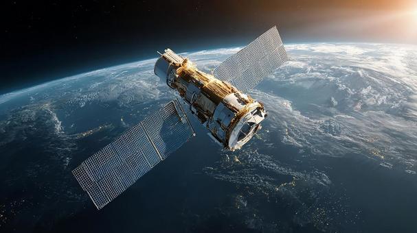 地球を周回する高精細な人工衛星と夜景 地球を周回する高精細な人工衛星と夜景の写真
