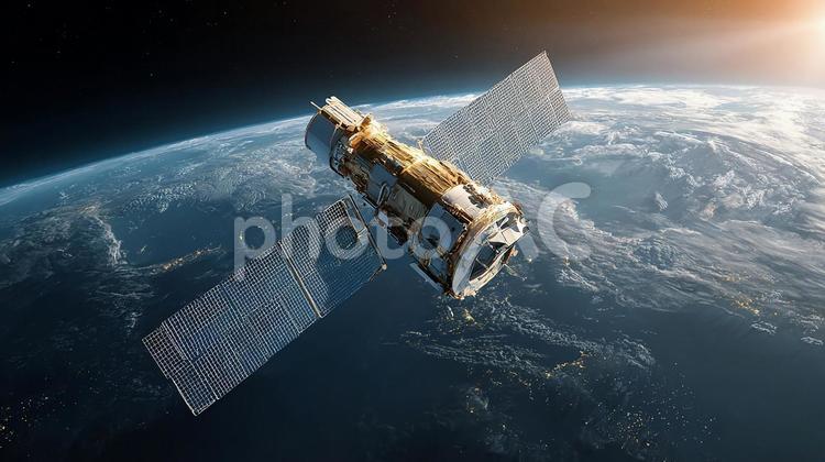 地球を周回する高精細な人工衛星と夜景 衛星,人工衛星,宇宙の写真素材