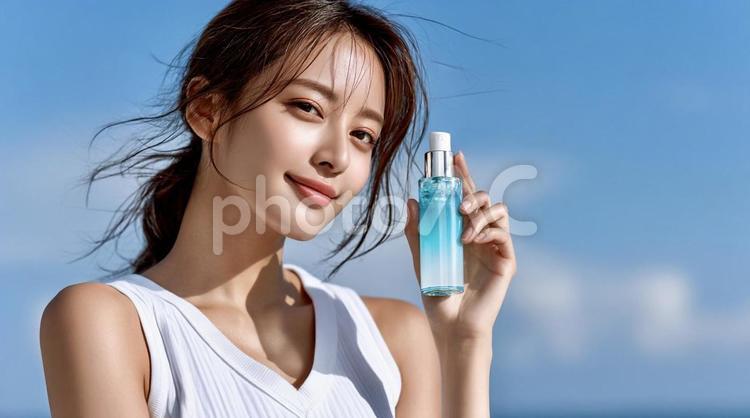 美しい女性が紹介する美容液プロモーション 化粧水,化粧品,スキンケアの写真素材