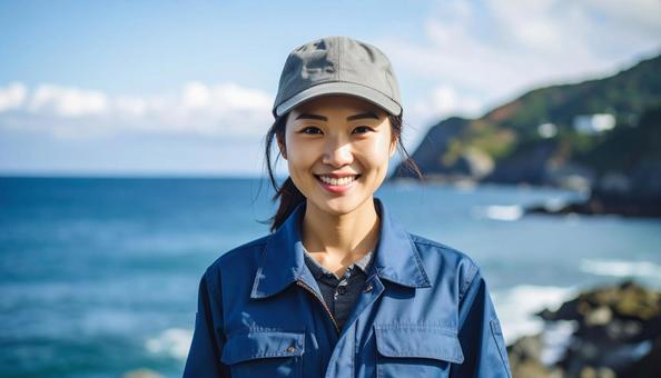 青空と海の背景に笑顔の作業服の若い女性 青空と海の背景に笑顔の作業服の若い女性の写真