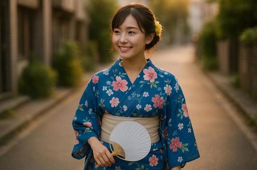 浴衣女性夕暮れ団扇歩き姿 浴衣女性夕暮れ団扇歩き姿の写真