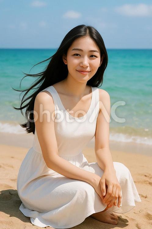 砂浜に座り微笑む白ワンピースの女性夏の海 女性,白ワンピース,海の写真素材