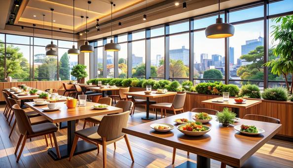 都会のカフェのテーブルの写真