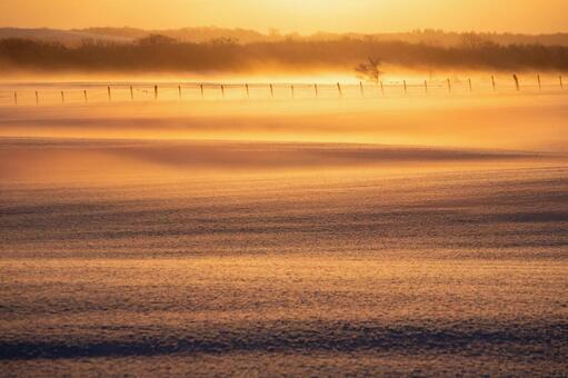 陽炎と雪煙が舞う、冬の牧場の日の出 朝焼け,日の出,牧場の写真素材