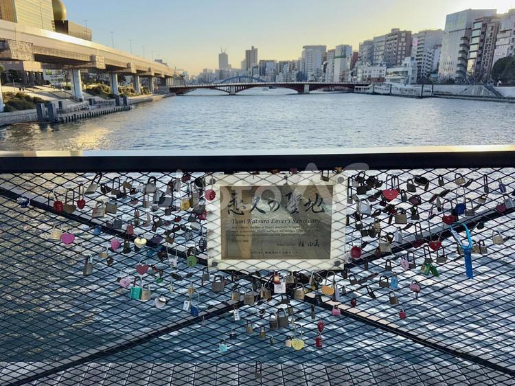 恋人の聖地　隅田川 柵,フェンス,鉄橋の写真素材