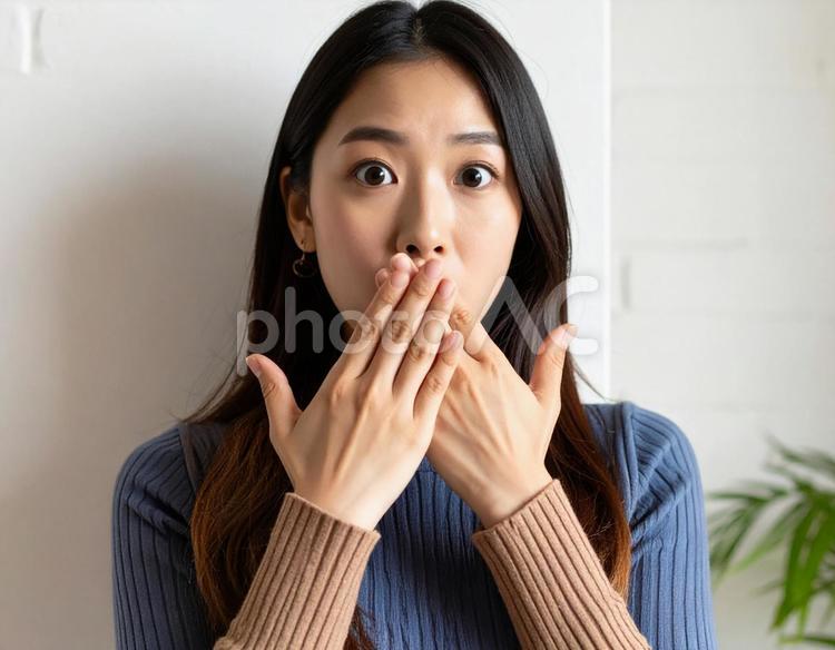 驚きのあまり口を押える若い女性 驚き,女性,表情の写真素材