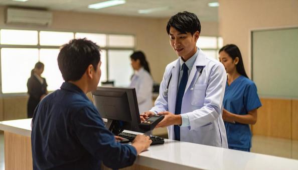 病院の会計窓口で会計をする男性患者 病院の会計窓口で会計をする男性患者の写真