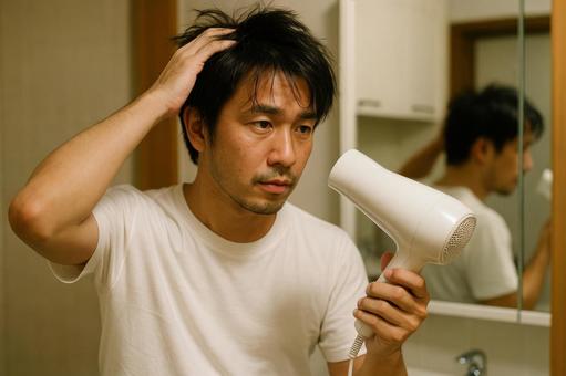 ドライヤーで髪を乾かす男性の写真