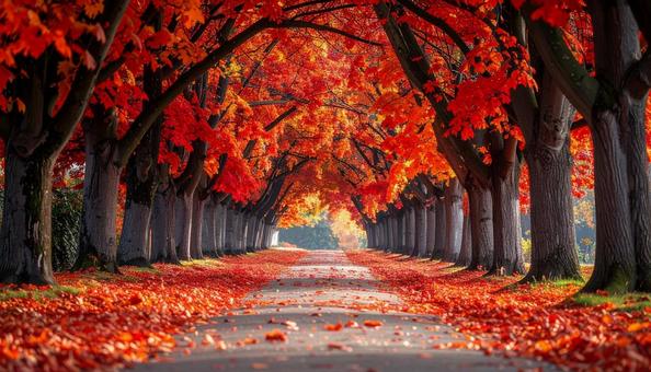 燃えるような紅葉に包まれた並木道 燃えるような紅葉に包まれた並木道の写真
