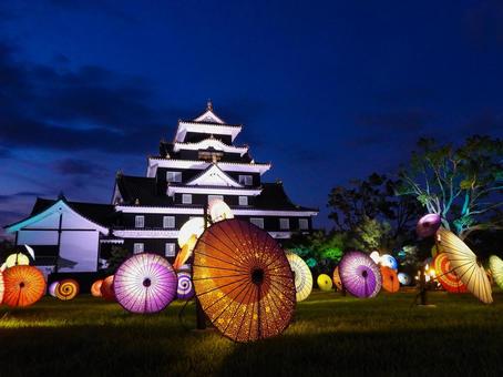 Illuminated Okayama Castle tower, JPG