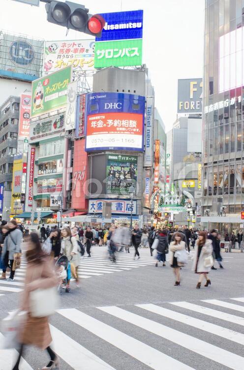 冬の渋谷スクランブル交差点 スクランブル,ネオン,ビルの写真素材