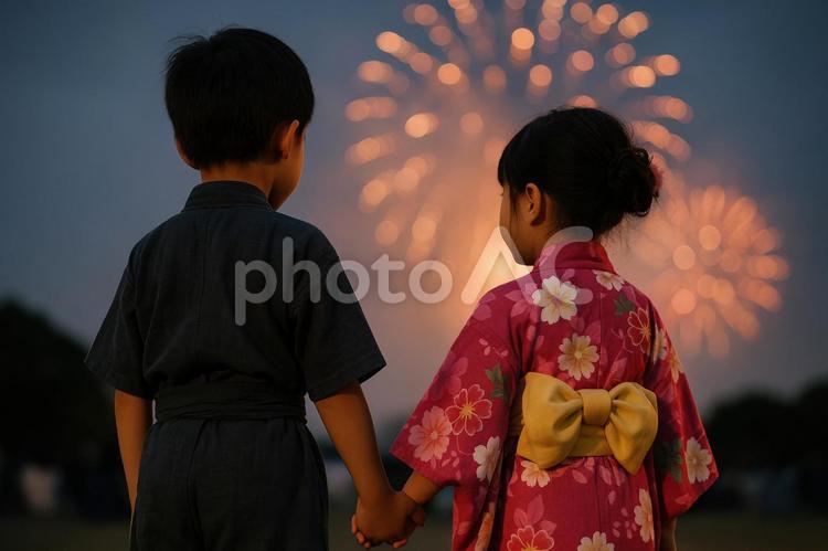 花火を見つめる兄妹の後ろ姿 日本,兄妹,花火の写真素材