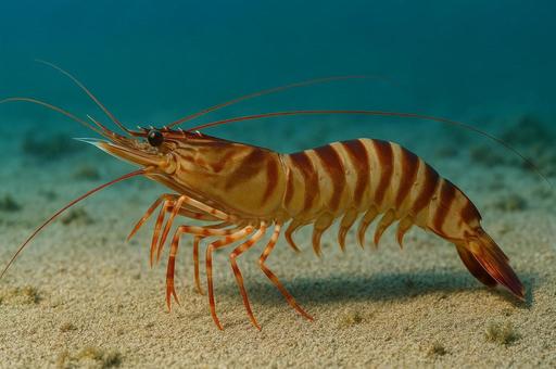 砂地を歩く縞模様のエビ・海の生き物・えび 砂地を歩く縞模様のエビ・海の生き物・えびの写真