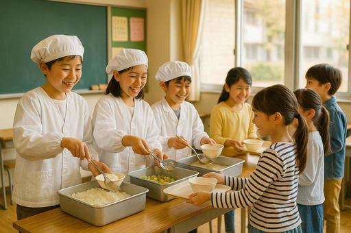 給食係がクラスの生徒に給食を配るシーン 給食係がクラスの生徒に給食を配るシーンの写真