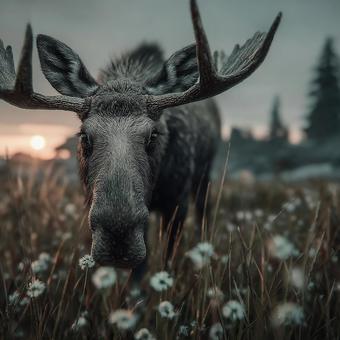 山を背景にしたヘラジカ 山を背景にしたヘラジカの写真