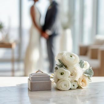プロポーズの瞬間を待つ婚約指輪とブーケ プロポーズの瞬間を待つ婚約指輪とブーケの写真
