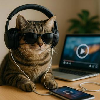 ヘッドホン猫の音楽タイムの写真