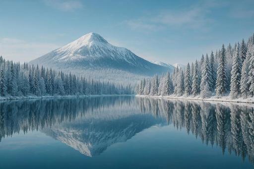 湖面に映る雪化粧の山と森の冬景色 湖面に映る雪化粧の山と森の冬景色の写真