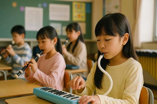 音楽の授業を受ける児童 音楽の授業を受ける児童の写真