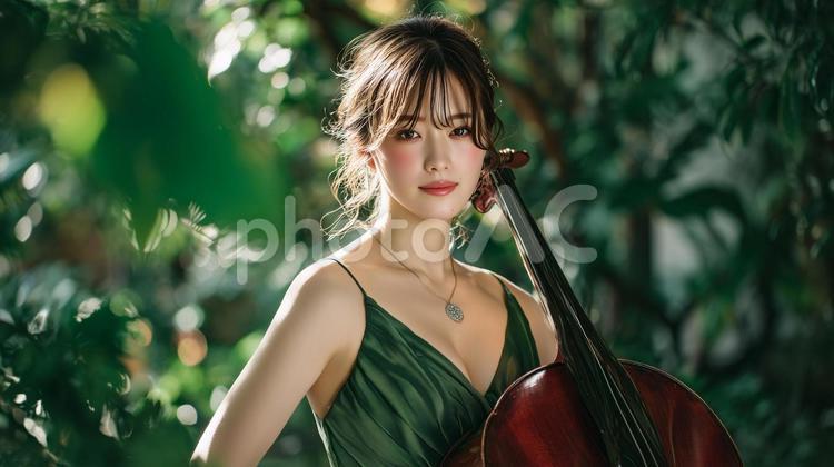 森の中でチェロを構える若い日本人女性 夏,森,チェロの写真素材