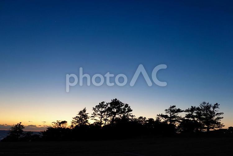 夕焼けと木々のシルエット 風景,青空,快晴の写真素材