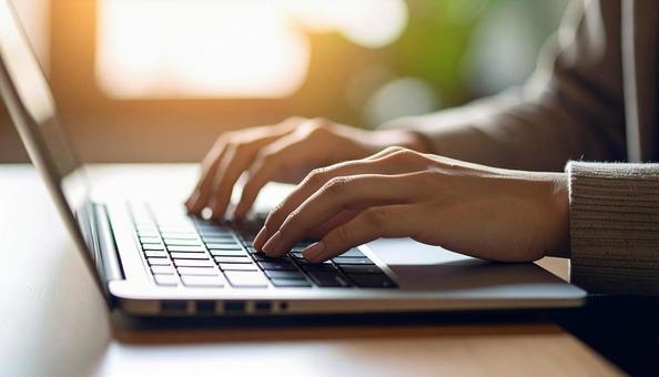 パソコンに両手で入力するデスクワーク パソコンに両手で入力するデスクワークの写真