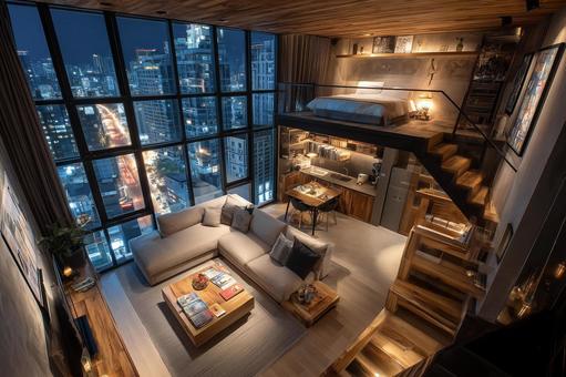 夜景が見える高級マンションのリビング 夜景が見える高級マンションのリビングの写真