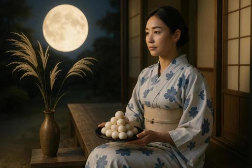 月見団子を持って縁側に座る女性 月見団子を持って縁側に座る女性の写真