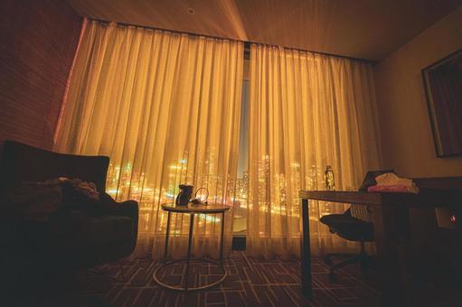 ホテル客室夜景カーテン越し ホテル,夜景,カーテンの写真素材