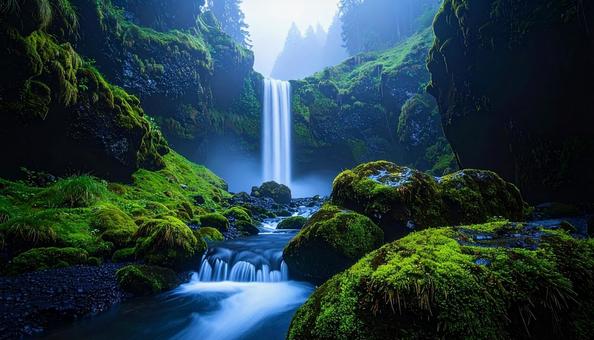 苔むす岩と幻想的な滝 苔むす岩と幻想的な滝の写真