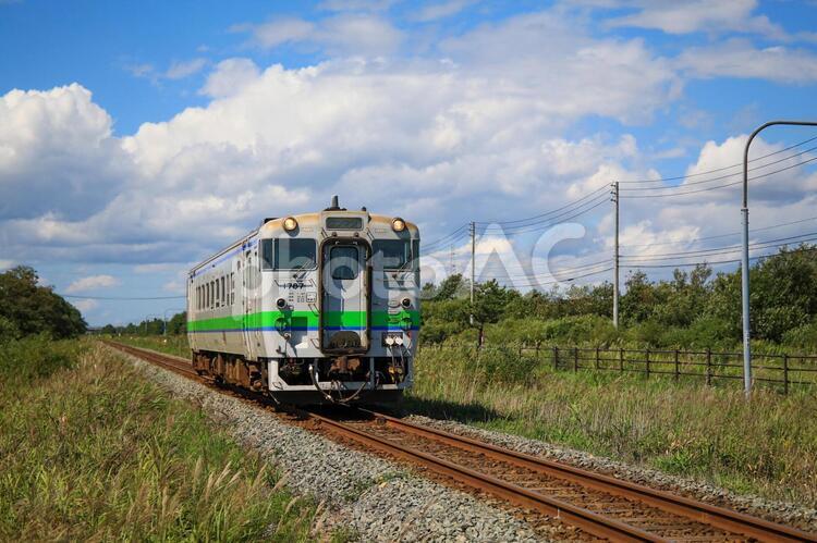 勇払をゆく 青空,雲,列車の写真素材