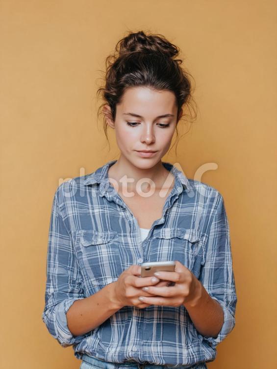 スマホを見つめる外国人女性 女性,外国人,スマホの写真素材