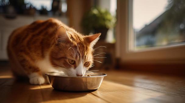 朝の光に包まれた猫の食事タイム 朝の光に包まれた猫の食事タイムの写真