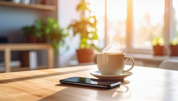 木製テーブルに置いたコーヒーとスマホ 木製テーブルに置いたコーヒーとスマホの写真