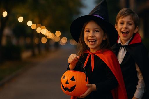 ハロウィンの夜に仮装を楽しむ子供たち ハロウィンの夜に仮装を楽しむ子供たちの写真