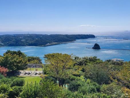 伊豆下田寝姿山から眺める須崎半島と犬走島 下田,下田港,下田湾の写真素材