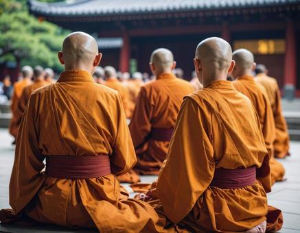 寺で修行する僧侶たちの後ろ姿 寺で修行する僧侶たちの後ろ姿の写真